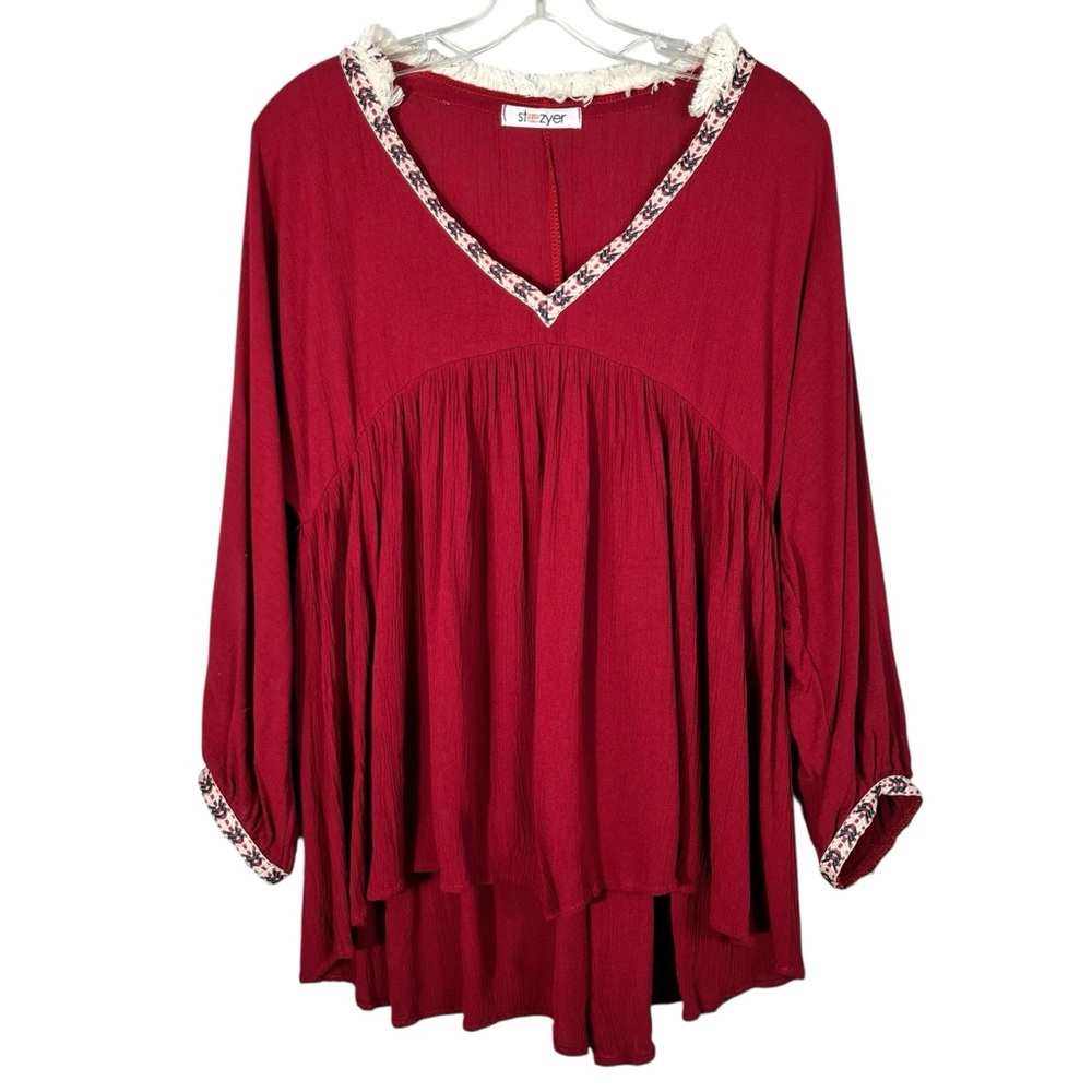 Steezyer Red Ruffle Trim Detail Long Sleeve Babydoll Blouse Top Medium Preppy